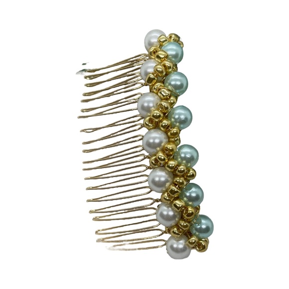 Accessories - Elegant Gold white and Mint Pearl Beaded Hair Comb 3.5”